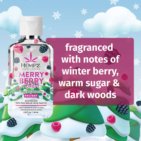 Notes of winter berry warm sugar and dark woods in Hempz Mini Merry Berry Lotion