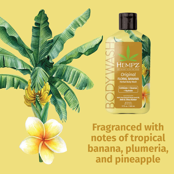 Tropical banana, plumeria, and pineapple notes in Hempz Original Herbal Body Wash