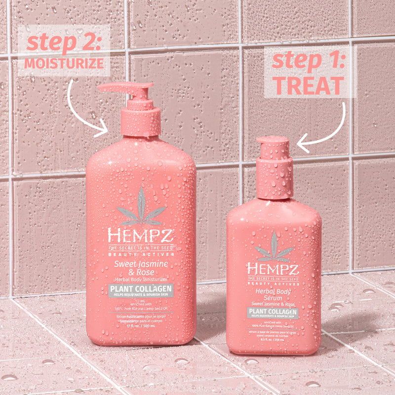 Use Hempz Beauty Actives Sweet Jasmine & Rose Herbal Body Serum with Plant Collagen before the lotion of your choice for a targeted treatment and radiant skin