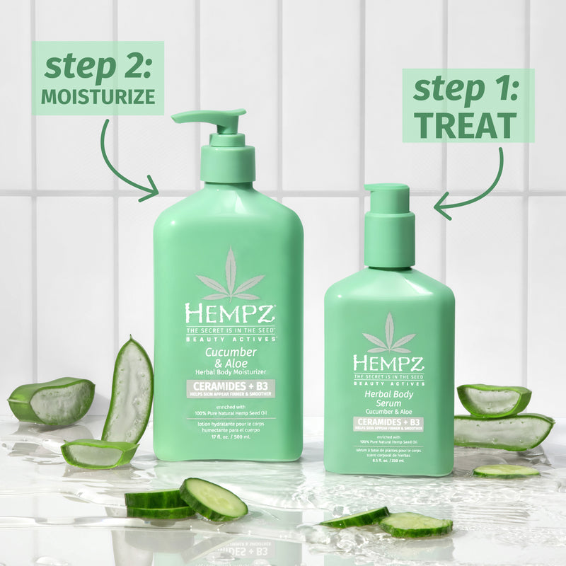 Use our Hempz Beauty Actives Cucumber & Aloe Herbal Body Serum with Ceramides & B3 before the lotion of your choice for a targeted treatment and radiant skin