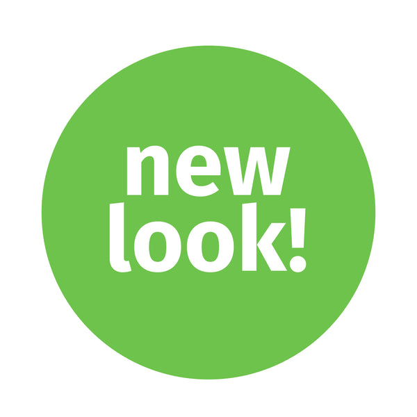 Green circle with 'new look!' text on a white background