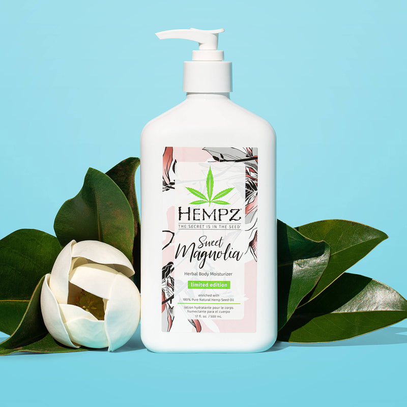 Hempz Sweet Magnolia lotion with leaf and flower