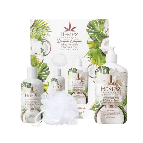 Paradise Island White Gardenia & Coconut Palm Herbal Body Moisturizer, Body Wash & Body Pouf Set