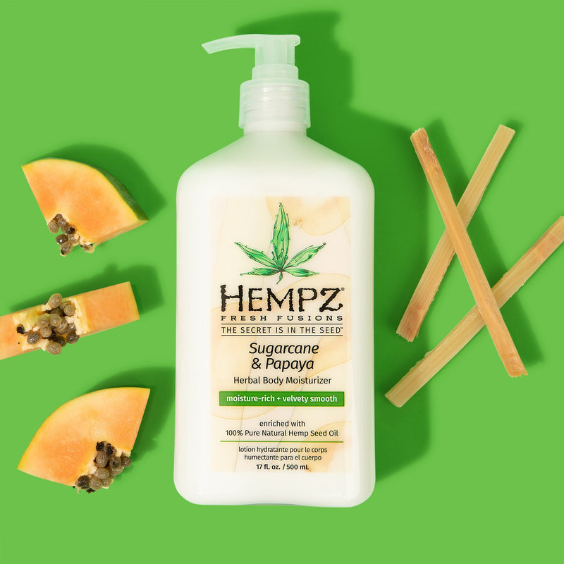 Above shot of Hempz Papaya and Sugarcane with Hempz Fresh Fusions Sugarcane & Papaya Herbal Body Moisturizer