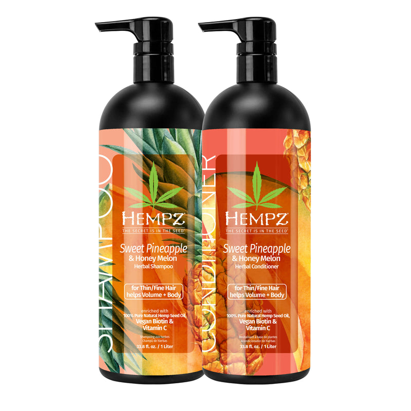 Hempz Sweet Pineapple & Honey Melon Shampoo & Conditioner Set with Vegan Biotin for Thin/Fine Hair