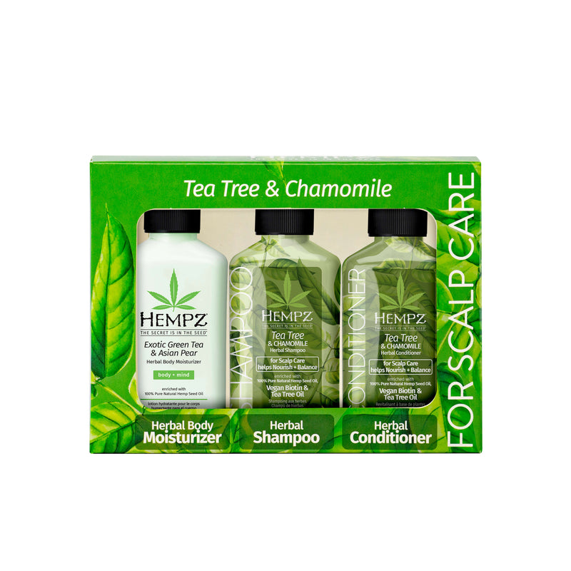 Hempz Tea Tree Trio Travel-Size Shampoo, Conditioner & Exotic Green Tea Moisturizer