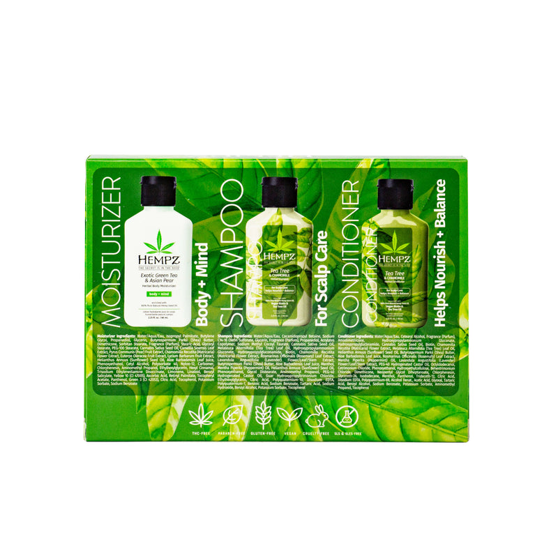 Hempz Tea Tree Trio Travel-Size Shampoo, Conditioner & Exotic Green Tea Moisturizer, Back