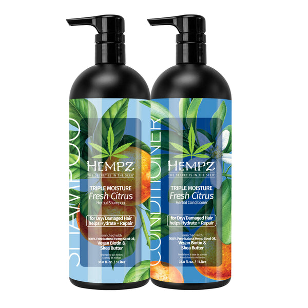 Hempz Triple Moisture Fresh Citrus Shampoo & Conditioner Set with Vegan Biotin for Dry/Damaged Hair