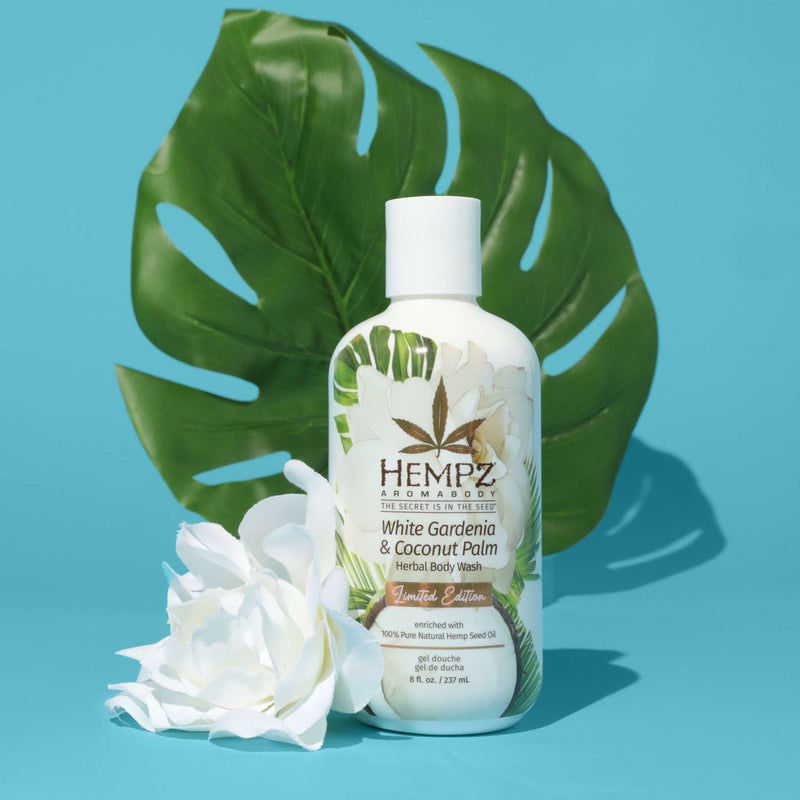 Coconut leaf and white gardenia with Hempz White Gardenia & Coconut Palm Herbal Body Wash