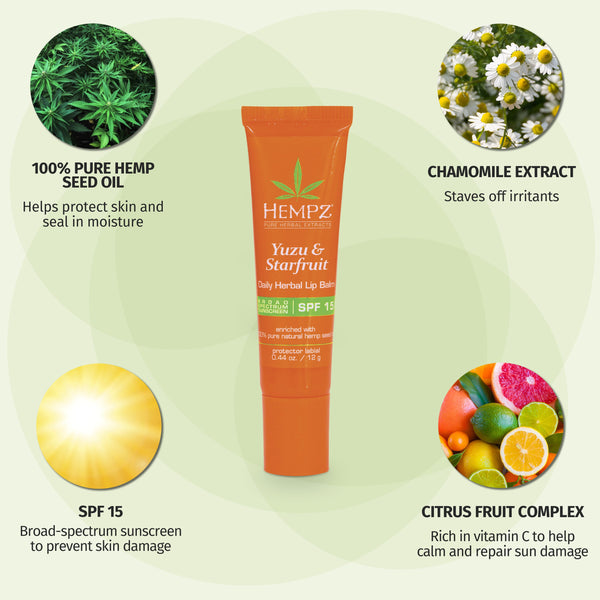 Hempz Daily SPF Yuzu & Starfruit Herbal Lip Balm with SPF 15 with 100% pure hemp seed oil, chamomile extract, SPF 15, and citrus fruit complex