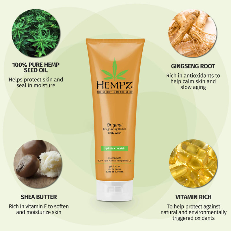 Hempz Original Invigorating Herbal Body Wash with 100% pure hemp seed oil, ginseng root, shea butter, and more vitamin-rich plant-based ingredients