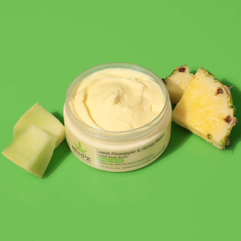 Pineapple and honey melon with texture shot of Hempz Sweet Pineapple and Honey Melon Herbal Body Butter